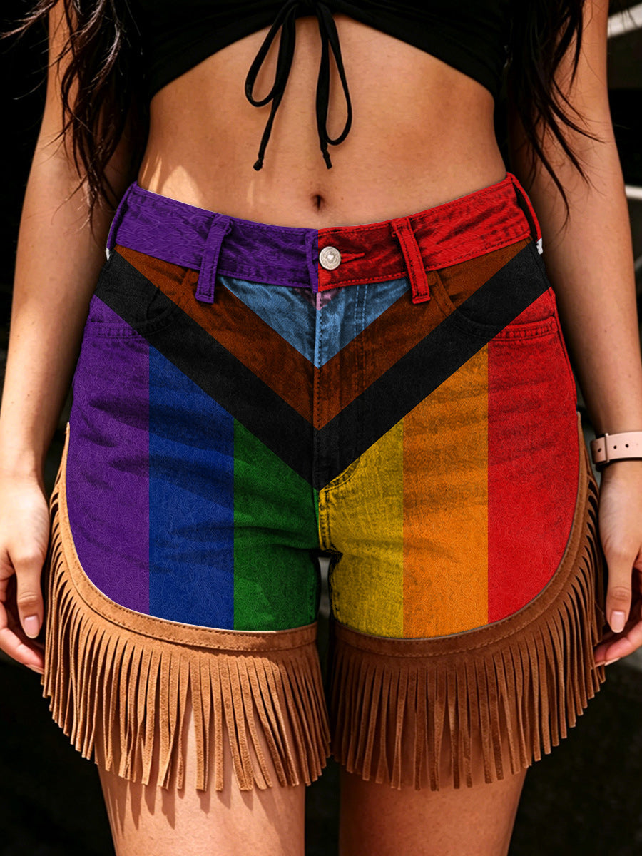Women's Retro Style Art Print Casual Leather Fringe Patchwork Pocket Shorts